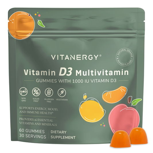 Vitanergy Vitamin D3 + K2 Gummies | 1000 IU D3 + 14 Vitamins & Minerals | Sugar-Free, Vegan | Immune Support | Mango & Orange Flavor | Made in USA | 60 Count