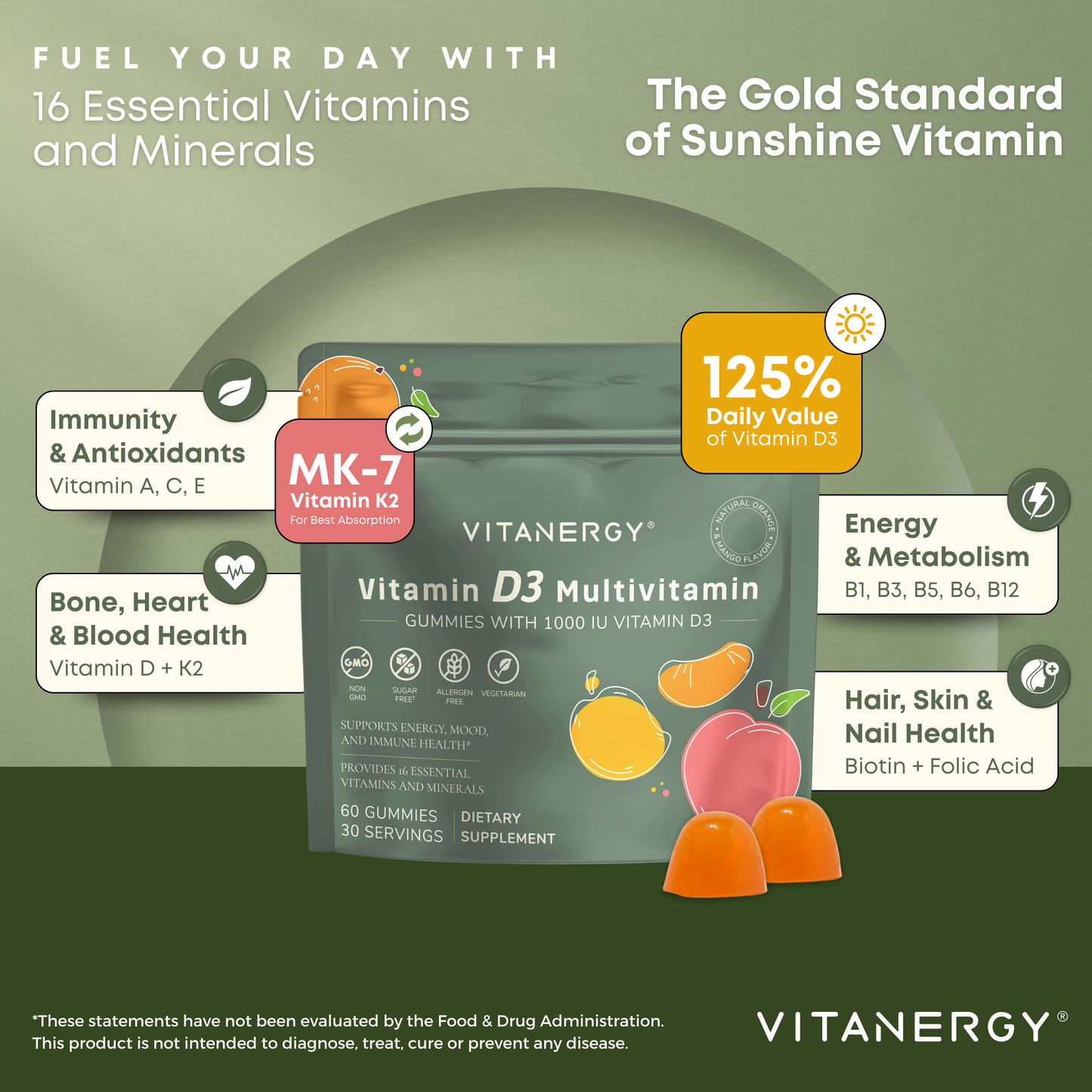 Vitanergy Vitamin D3 + K2 Gummies | 1000 IU D3 + 14 Vitamins & Minerals | Sugar-Free, Vegan | Immune Support | Mango & Orange Flavor | Made in USA | 60 Count