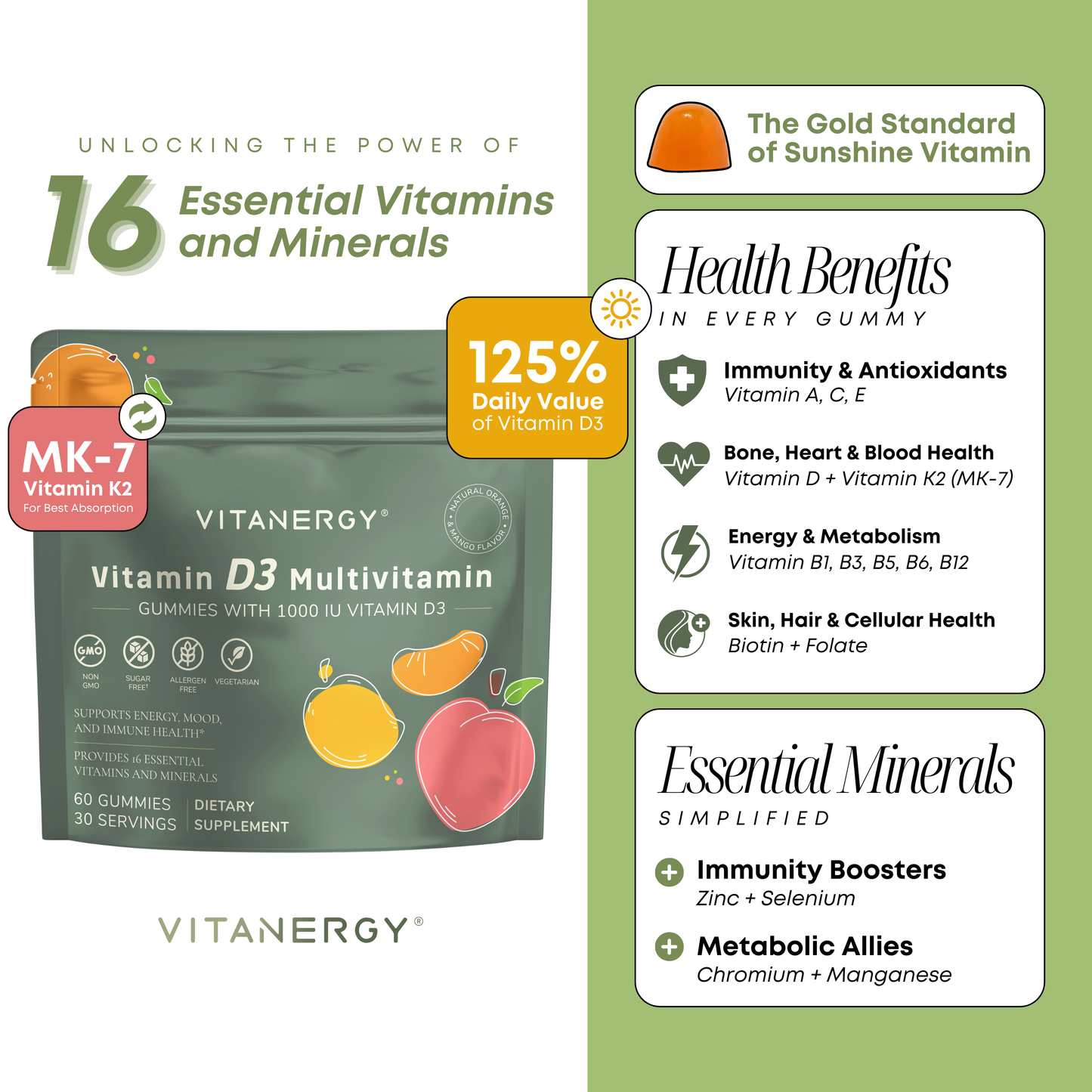 Vitanergy Vitamin D3 + K2 Gummies | 1000 IU D3 + 14 Vitamins & Minerals | Sugar-Free, Vegan | Immune Support | Mango & Orange Flavor | Made in USA | 60 Count