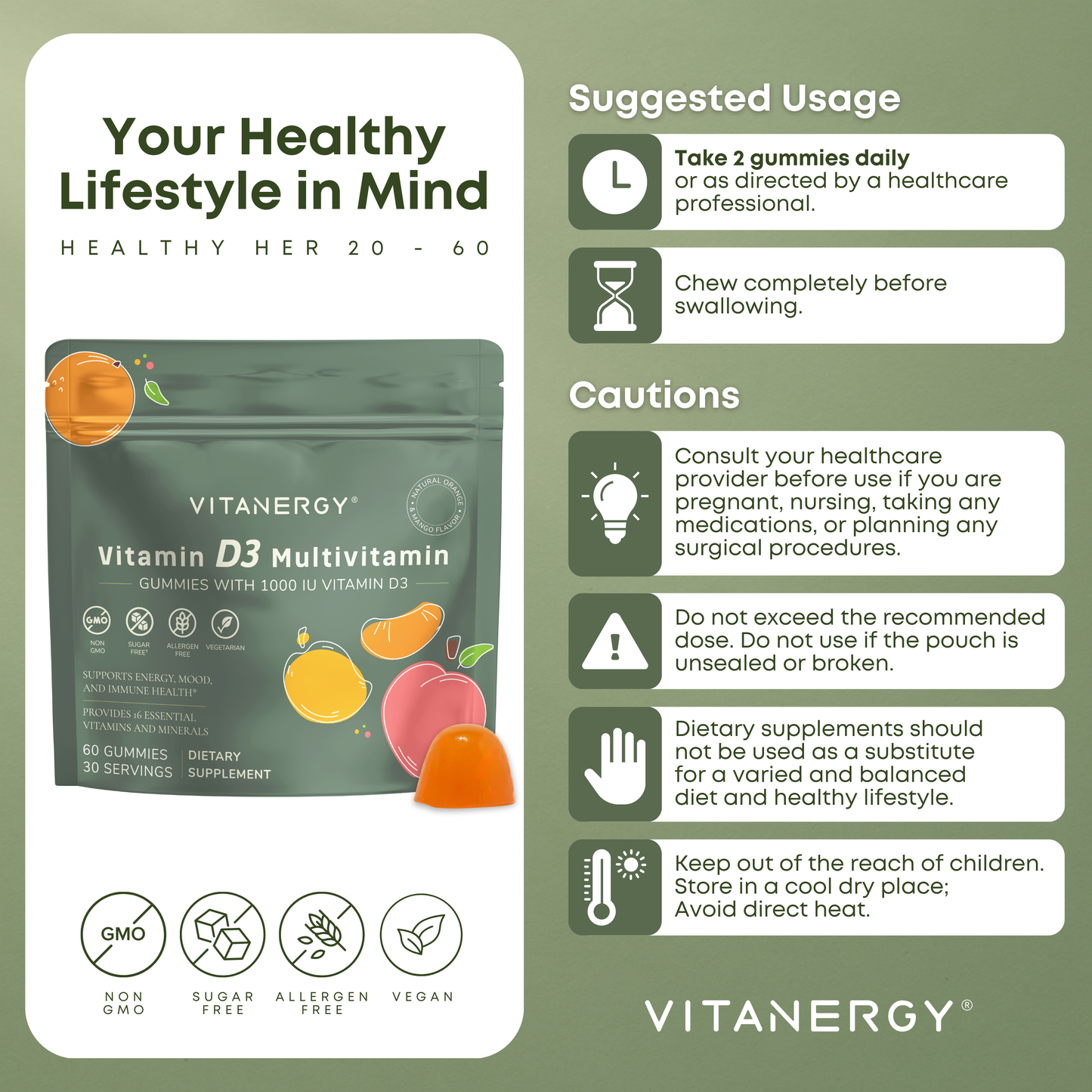 Vitanergy Vitamin D3 + K2 Gummies | 1000 IU D3 + 14 Vitamins & Minerals | Sugar-Free, Vegan | Immune Support | Mango & Orange Flavor | Made in USA | 60 Count