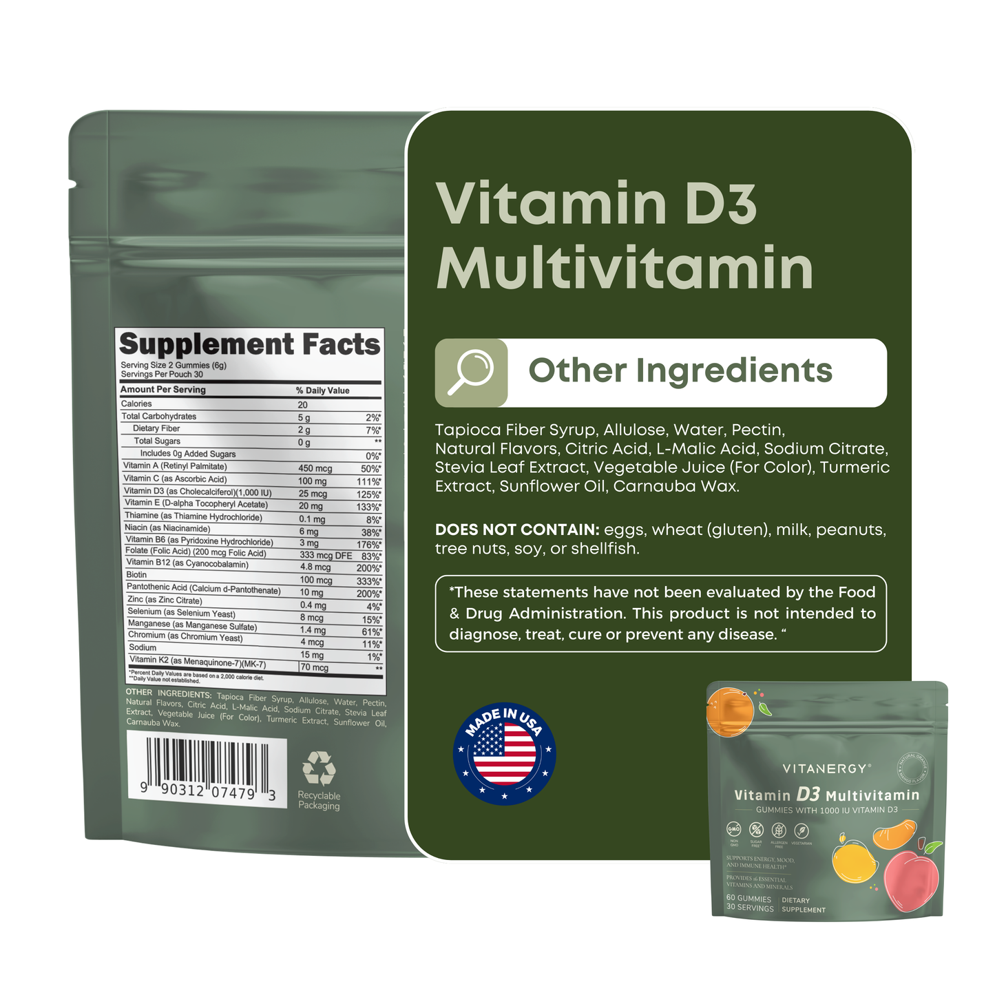 Vitanergy Vitamin D3 + K2 Gummies | 1000 IU D3 + 14 Vitamins & Minerals | Sugar-Free, Vegan | Immune Support | Mango & Orange Flavor | Made in USA | 60 Count