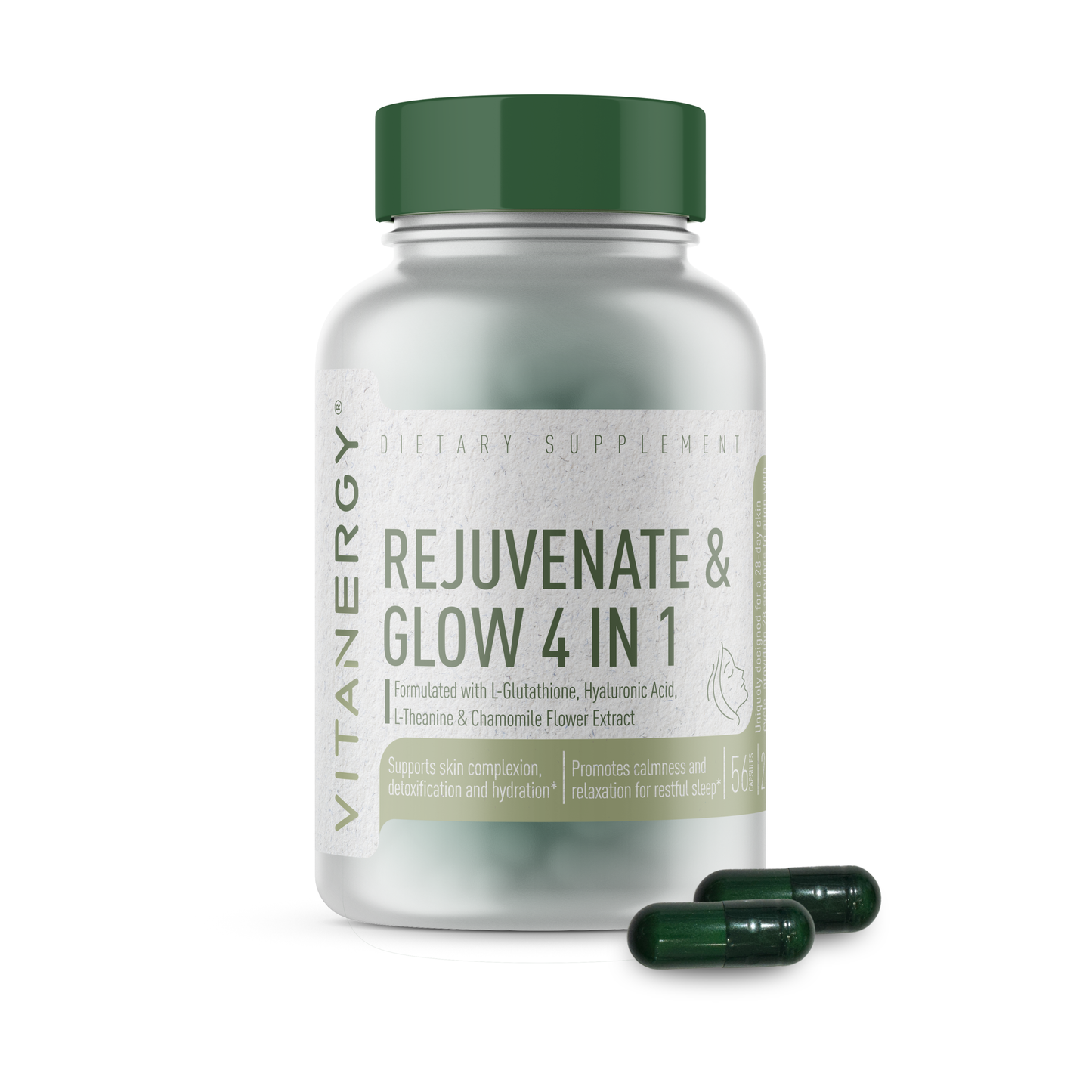 Vitanergy Beauty Sleep & Skin Glow | Nighttime Relaxation & Radiant Skin Support | Premium L-Glutathione, Hyaluronic Acid, L-Theanine & Chamomile | Vegan Capsules | Made in USA | 56 Count