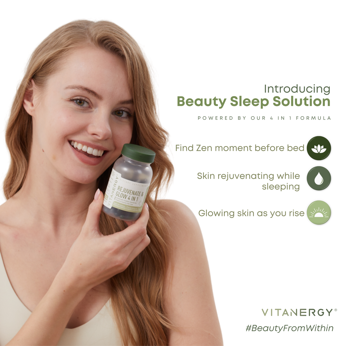 Vitanergy Beauty Sleep & Skin Glow | Nighttime Relaxation & Radiant Skin Support | Premium L-Glutathione, Hyaluronic Acid, L-Theanine & Chamomile | Vegan Capsules | Made in USA | 56 Count