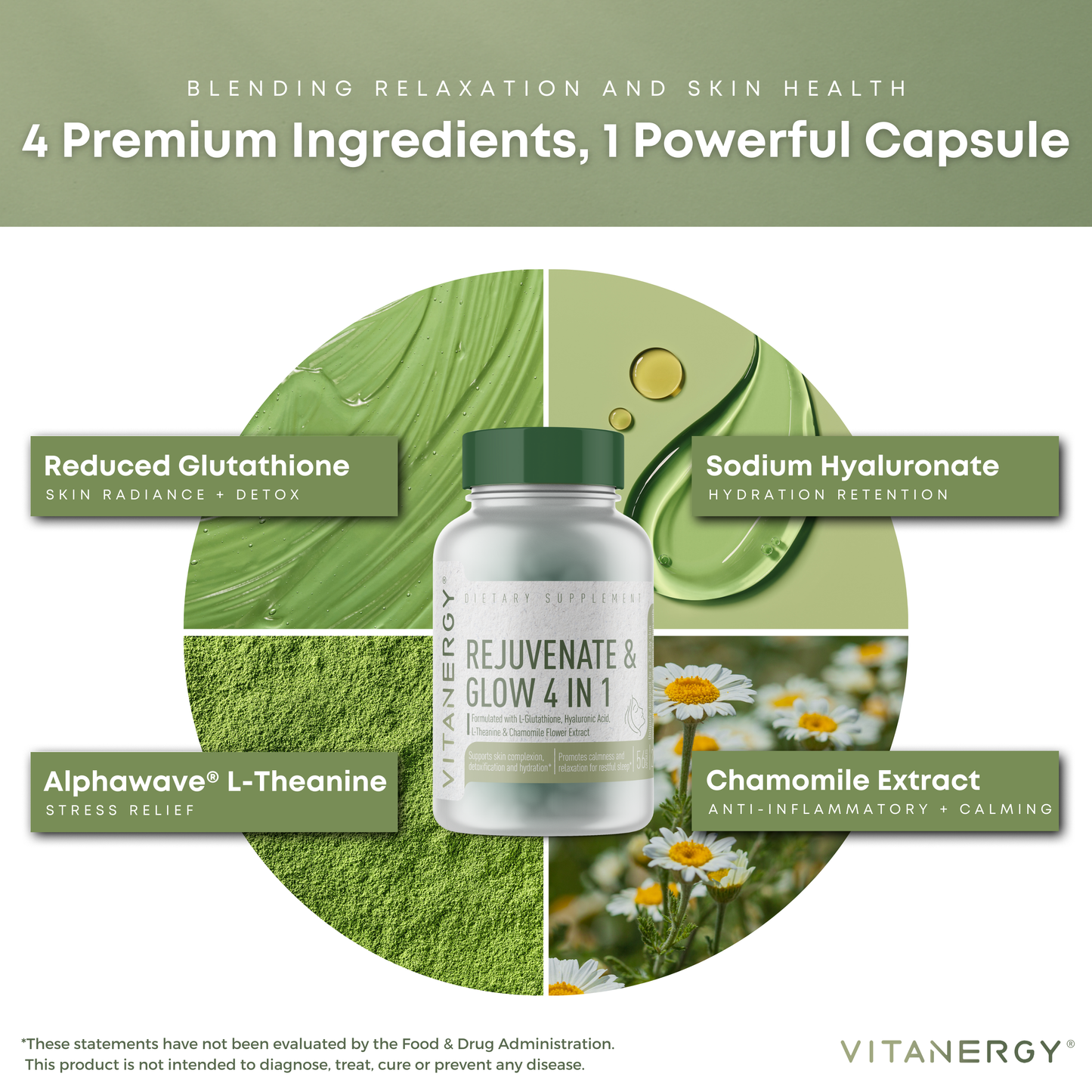 Vitanergy Beauty Sleep & Skin Glow – Sleep & Radiance Support with L-Glutathione, Hyaluronic Acid, L-Theanine & Chamomile – Vegan Capsules – Made in USA – 56 Count