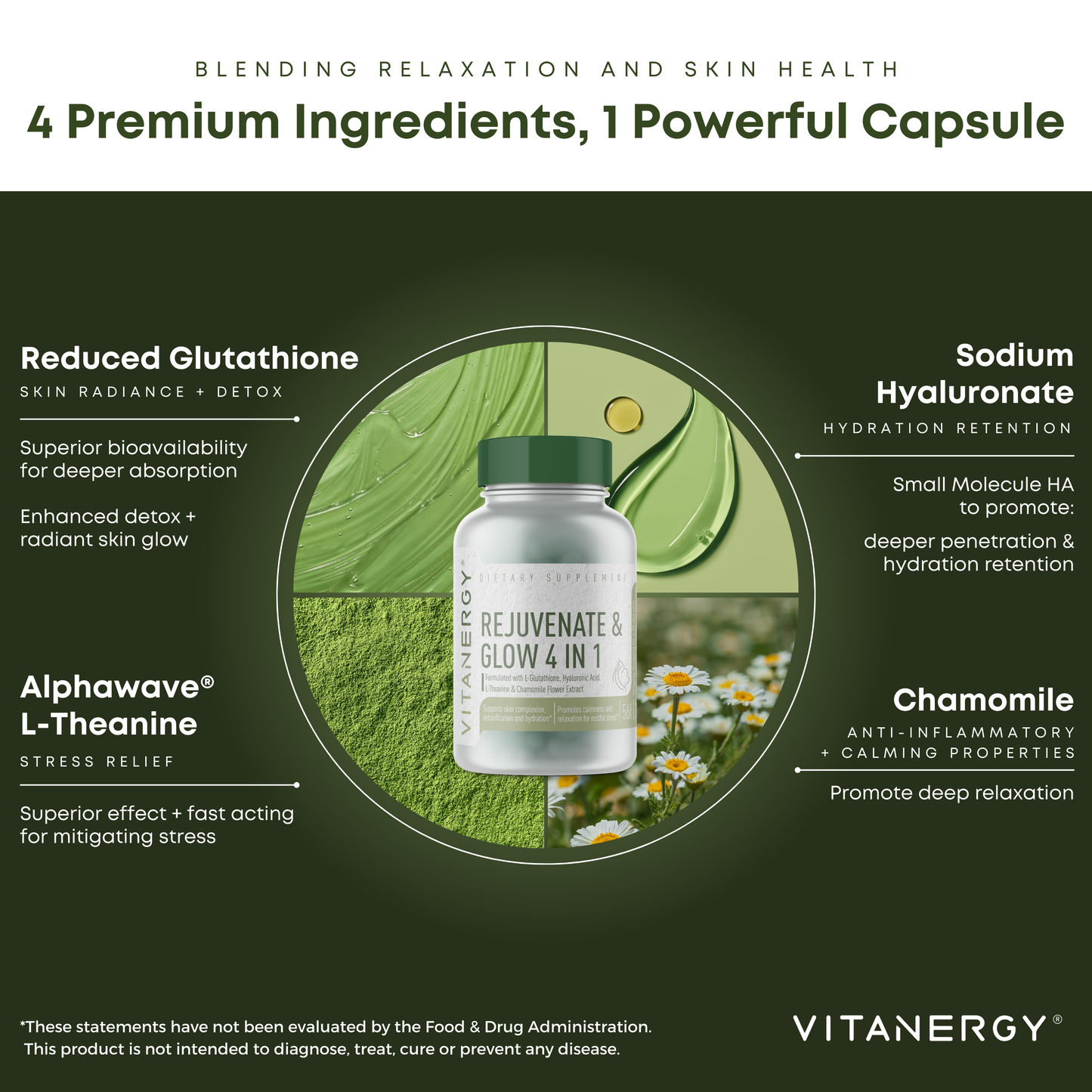Vitanergy Beauty Sleep & Skin Glow | Nighttime Relaxation & Radiant Skin Support | Premium L-Glutathione, Hyaluronic Acid, L-Theanine & Chamomile | Vegan Capsules | Made in USA | 56 Count