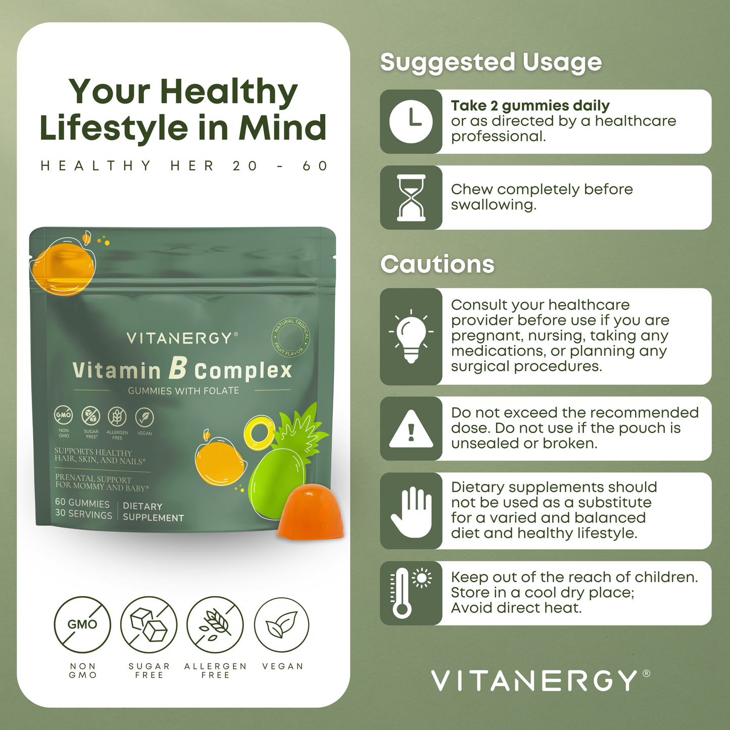 Vitanergy Sugar-Free B Complex Gummies | 7 Essential B Vitamins + Iron | Energy, Immunity & Prenatal Support | Great Taste, No Aftertaste | Made in USA | 60 Count