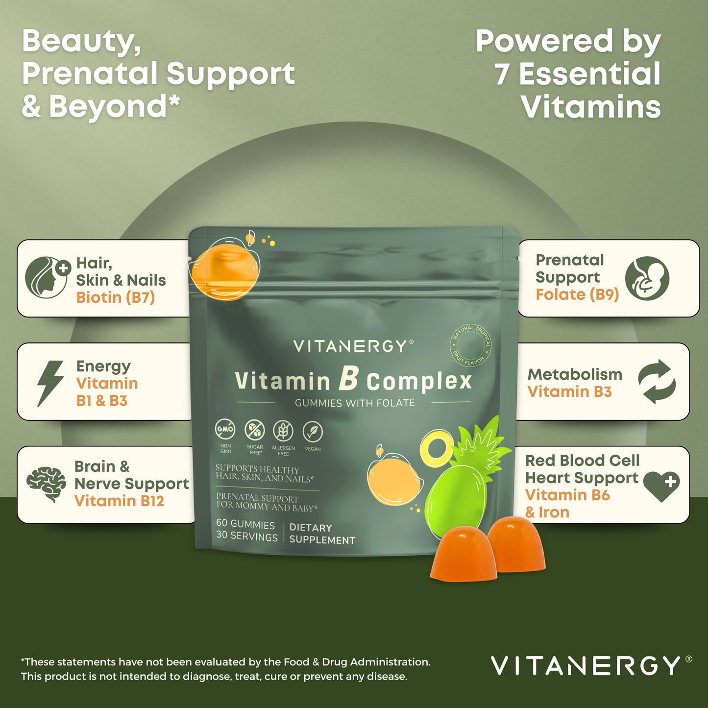 Vitanergy Sugar-Free B Complex Gummies | 7 Essential B Vitamins + Iron | Energy, Immunity & Prenatal Support | Great Taste, No Aftertaste | Made in USA | 60 Count